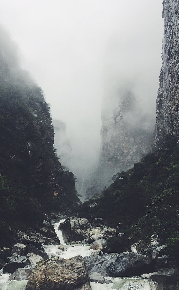 smoky, mountain, rocks, stream, nature, fog, power in nature