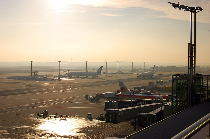 Lotnisko, Frankfurt nad Menem, przed, samolot, ruchu lotniczego, niebo, wieczorek słońce