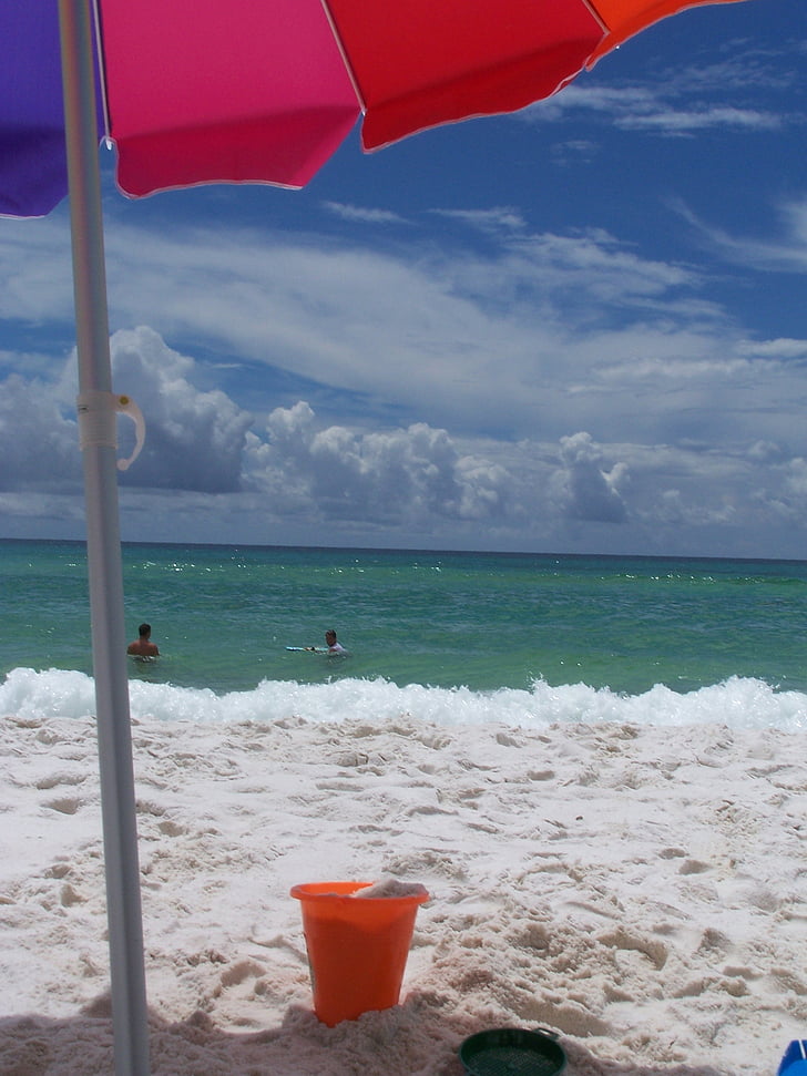 비치, 하얀, 모래, 바다, 양동이, 플레이, 우산