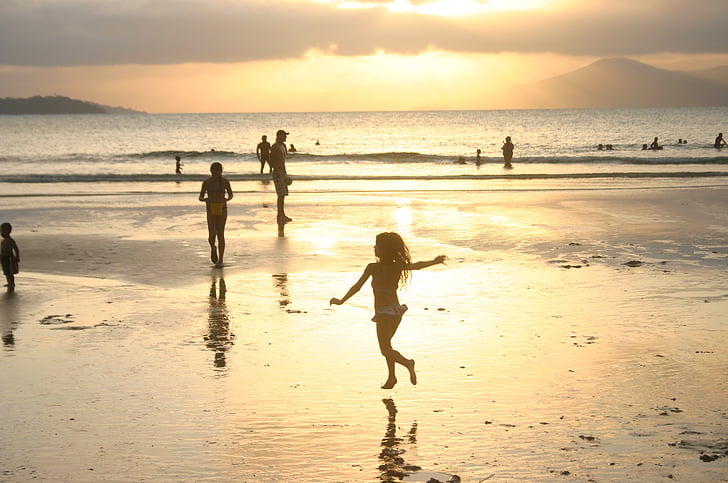 Pantai, Sol, orang-orang, anak, matahari terbenam, laut, siluet