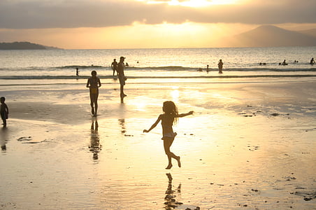 beach, sol, people, child, sunset, sea, silhouette