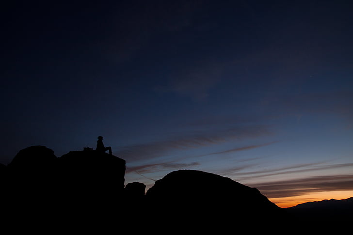 silhouette, rock, formation, mountain, highland, hill, people