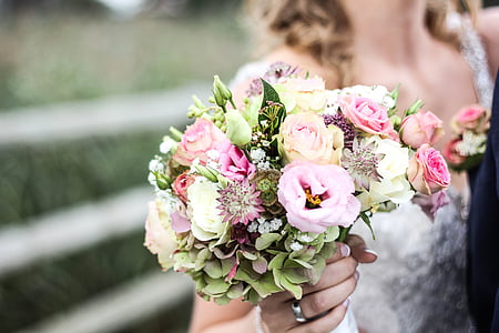 puķe, pušķis, ziedlapas, cilvēki, sieviete, līgava, kāzas