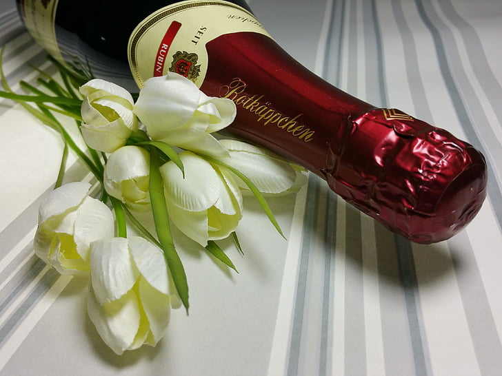 Champagne, Rotkäppchen, corazón, Romance, flores, día de San Valentín, amor