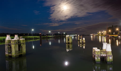 Canal, natt, månen, Moonlight, reflektion, vatten, floden