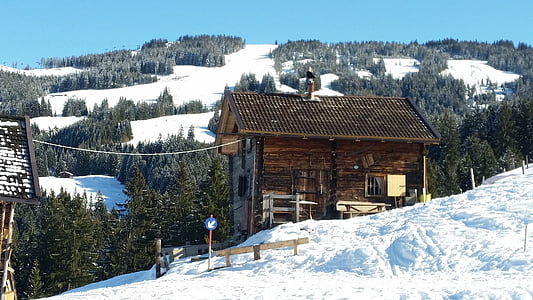 ski lodge, mountain hut, log cabin, mountains, wood, hut, snow