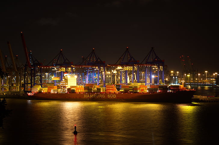 Hamburg, port, noapte, Portul Hamburg, Hanseatic, Elba, Hanseatic city