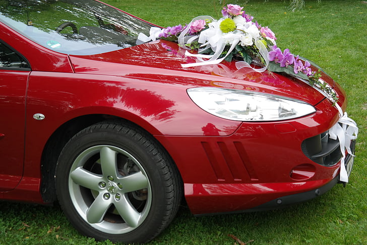 bridal car, wedding, limousine, spotlight, flowers, decoration, auto