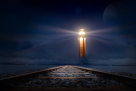 lighthouse, glow, night, gleise, sea, photo montage, atmospheric