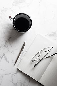 cup, black, coffee, espresso, notebook, pen, office