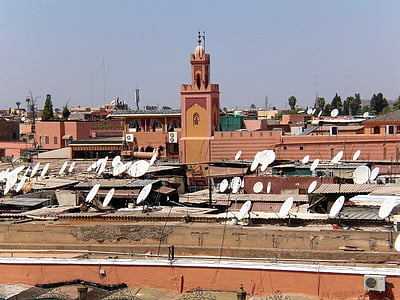 clădire, Acoperisuri, antene satelit, ma uit la tv, Maroc, Marrakech, minaret
