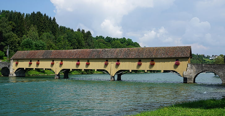 træbro, toldmyndighederne bridge, overdækket træbro, Schweiz-Tyskland, Tyskland-Schweiz, Rheinau-altenburg, d-ch