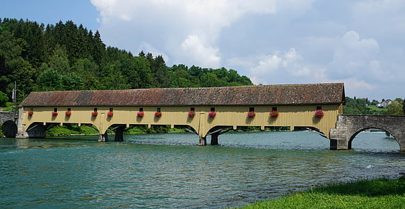 dřevěný most, celní most, krytý dřevěný most, Švýcarsko Německo, Německo Švýcarsko, Rheinau-altenburg, d-ch