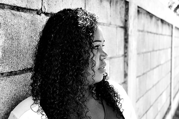 woman, black, white, curls, chubby, thinking, day