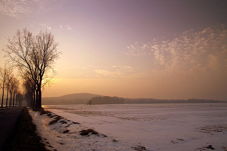 zalazak sunca, Zima, snijeg, ljepota prirode, nebo, krajolik, Zapad