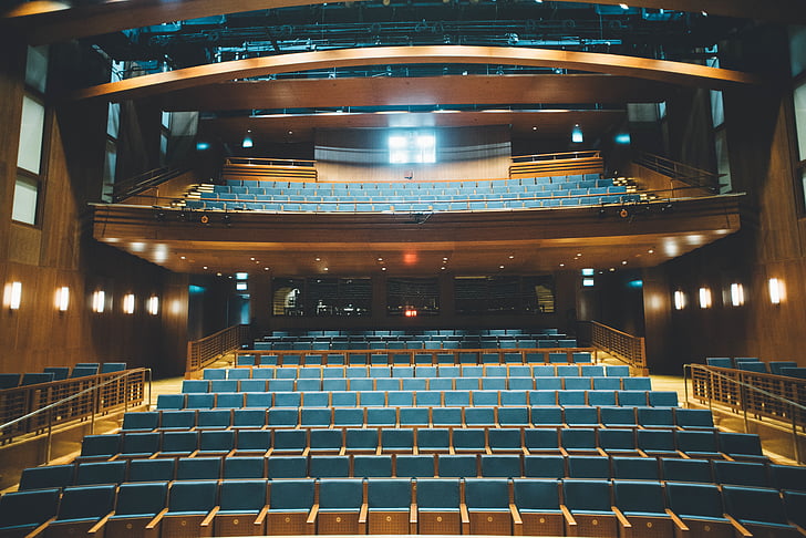 modrá, sedadlá, hnedá, drevené, povrch, divadlo, Auditorium