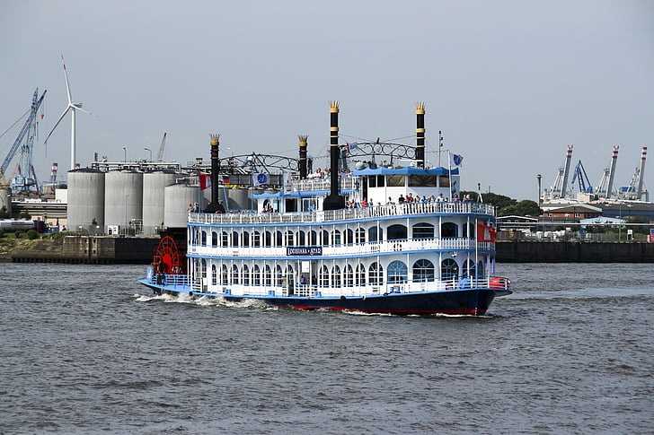 Elbe, Hamburg, kapal, kapal uap dayung, Steamboat, pengiriman, Port