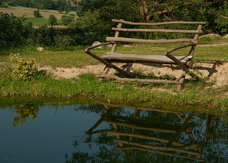 bench, grass, pond, reflection, water, wooden, nature