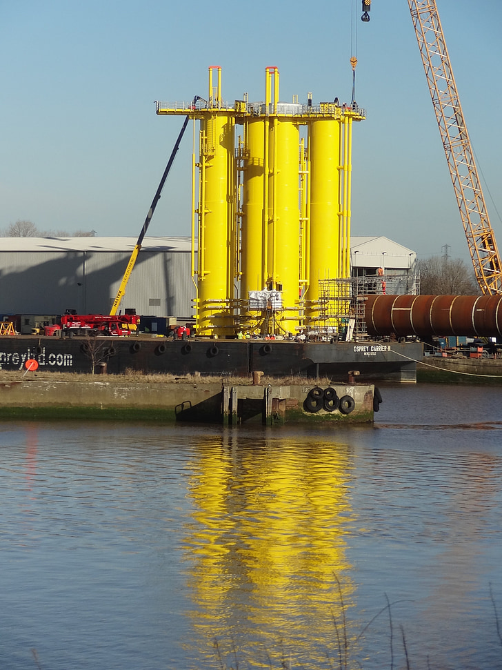 wind turbine, construction, wind turbines, river, industry, tees, middlesbrough