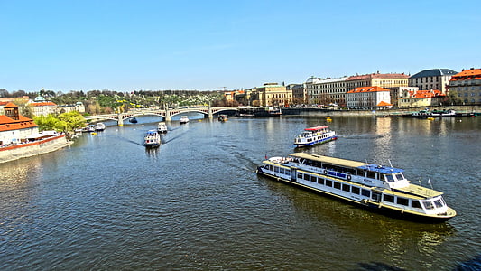 folyó, Prága, csónak, az emberek, tengeri hajó, építészet, Európa