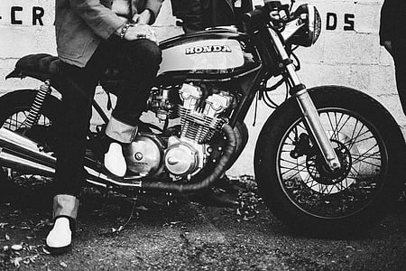 graysacale, photo, man, sitting, honda, standard, motorcycle