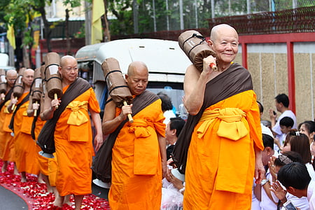 buddhists, monks, walk, robes, orange, thailand, buddhism