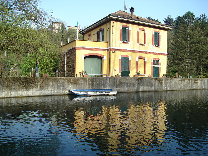 vann, refleksjoner, båt, elven, grønn, Italia, Lombardia