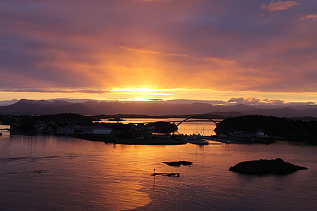 Stavanger, Puerto, puente, salida del sol, Noruega, muelle