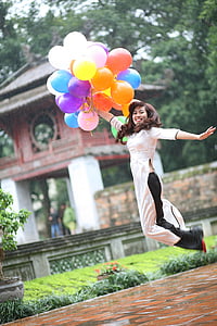 girl, asian, balloons, dom, jump, woman, happy