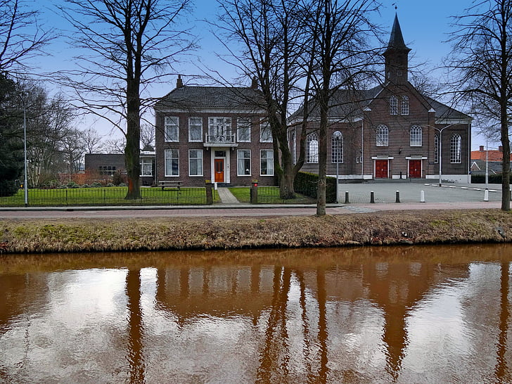 stadskanaal, netherlands, church, house, architecture, canal, river