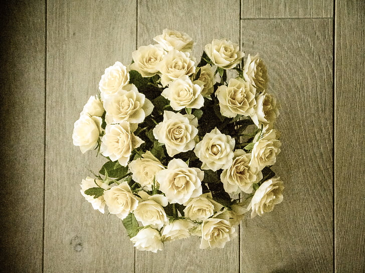 Rosen, Strauß Rosen, Blumenstrauß, weiß, gelb, Ansicht von oben, romantische