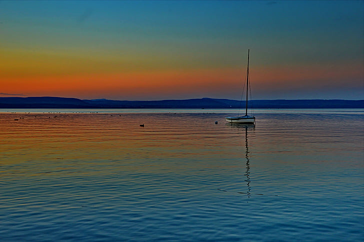 vaixell, l'estiu, natura, Hongria, posta de sol, Lago Balatón, paisatge