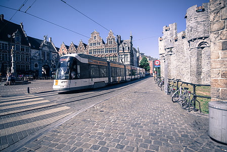 tram, ghent, downtown, stone, street, rails, belgium