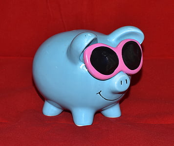 piggy bank, blue, glasses, money, save