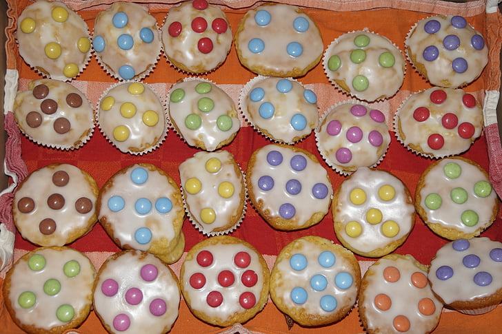 muffins de, aniversário, aniversário infantil, pastelaria, Smarties, decorado, número