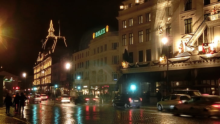 Kopenhaga, Danija, Miestas, naktį, su vaizdu į miestą, pastatas, eismo