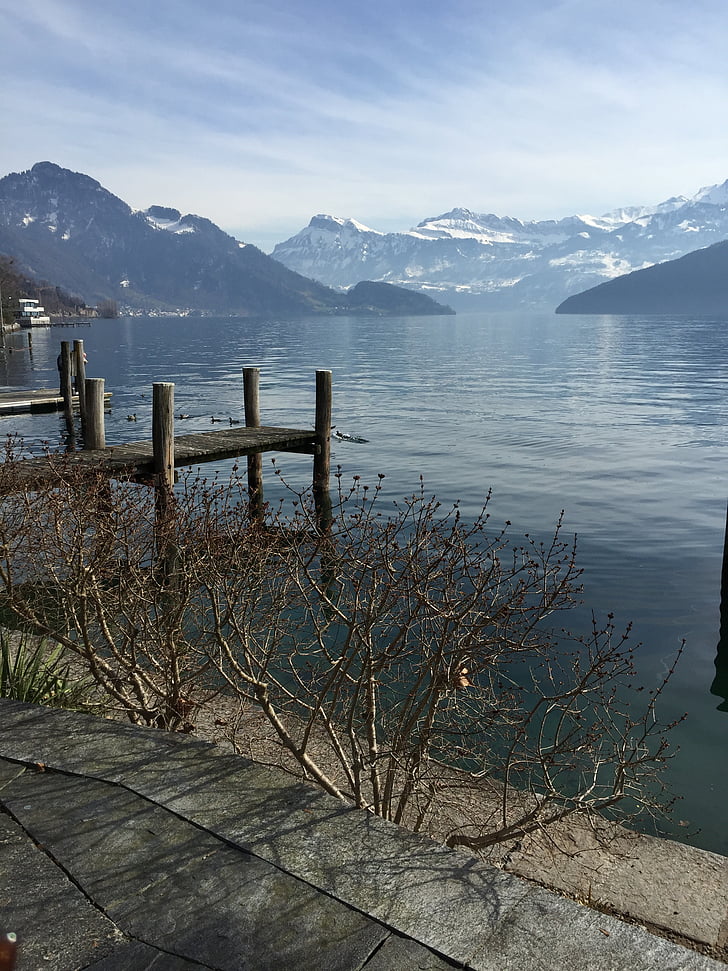 Lake, Šveits, mäed, lumi, talvistel, pilved, vierwaldtstätter järv