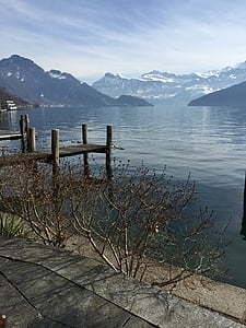 jazero, Švajčiarsko, hory, sneh, mrazivé, oblaky, vierwaldtstätter jazero
