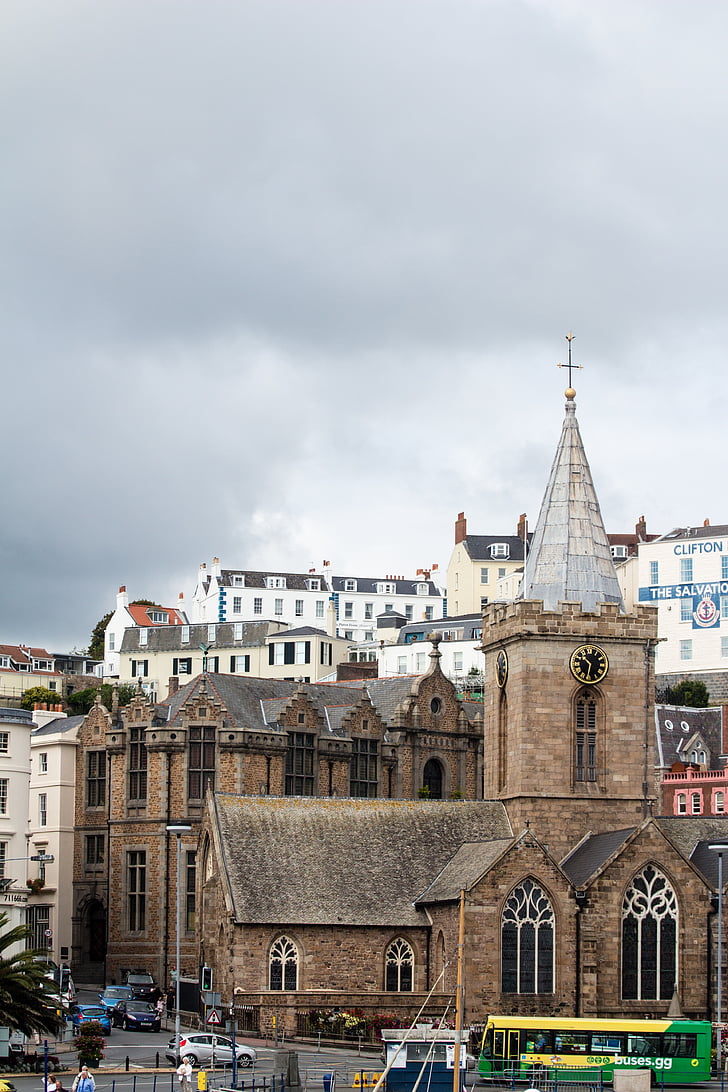 Guernsey, kirke, skyer, overskyet, arkitektur