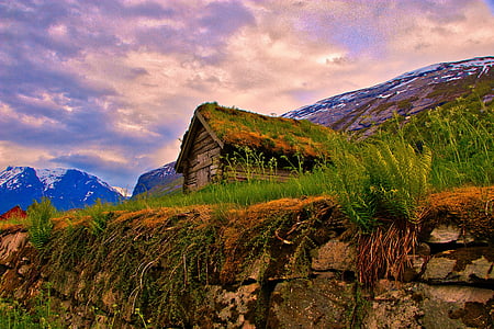 Cottage, Bergen, natuur, landschap, bovenaanzicht, Toerisme, hut