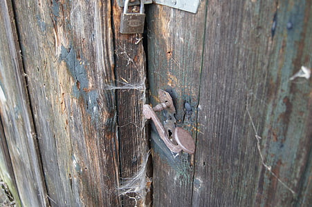puerta, cabaña de troncos, candado, hebilla de puerta, antiguo