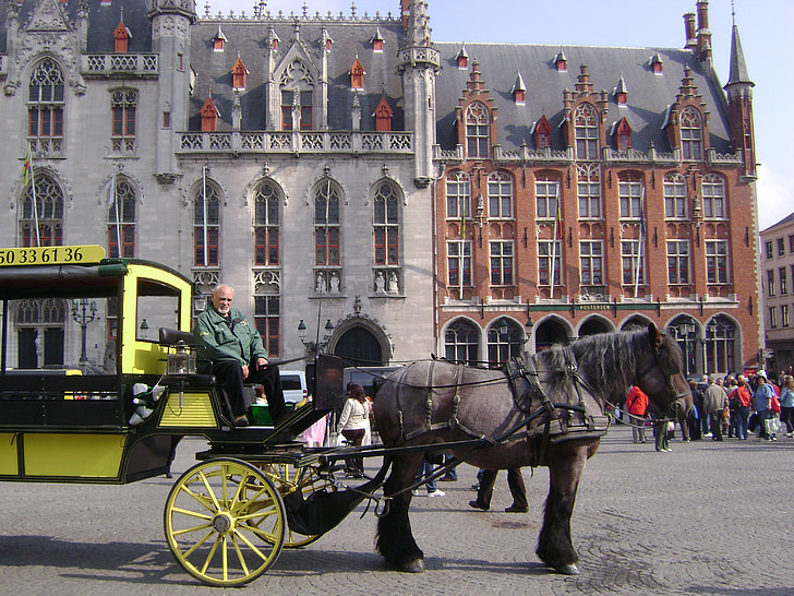 Bruges, kôň, košík, dedko, konský záprah, cestovný ruch