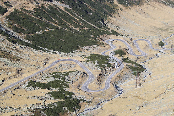 serpentine, hairpin turn, road, valley, curves, mountains, landscape