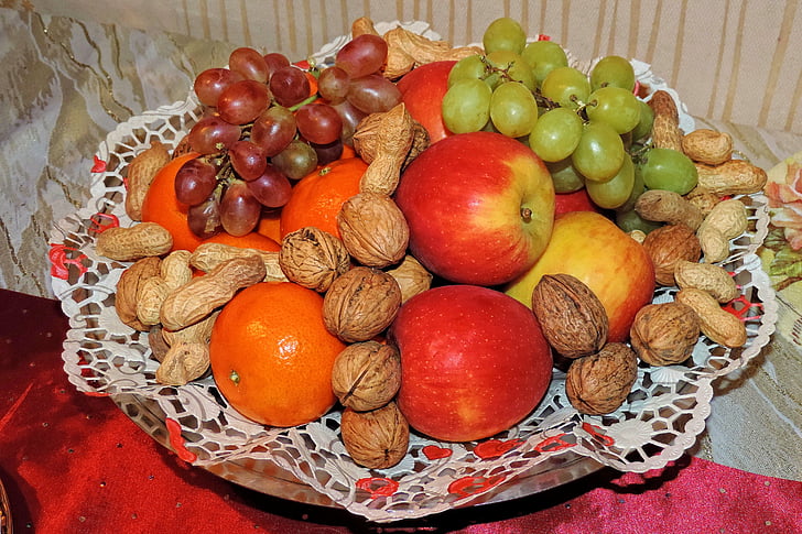 colorful plate, fruit, nuts, grapes, clementines, food, freshness