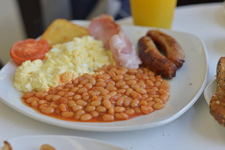 beans, food, healthy, nutrition, meal, sausages, egg