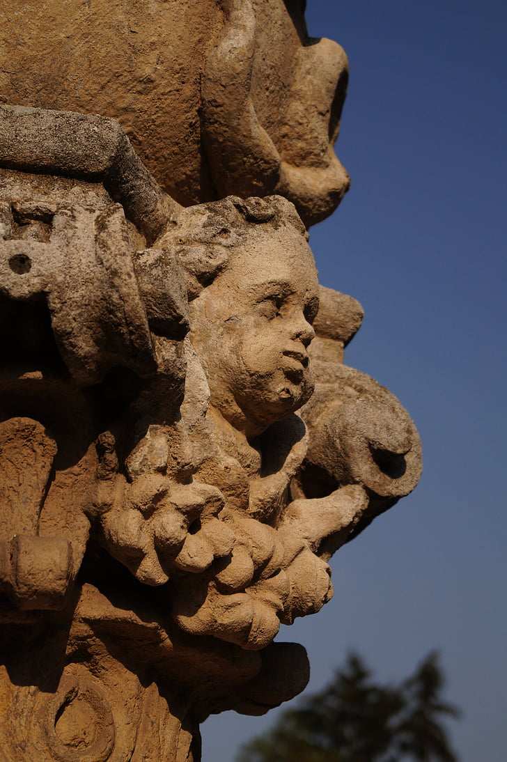 estátua, cabeça, tratamento facial, pedra, coluna, esculpido, Putto
