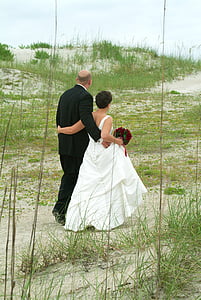 casament, platja, parella, núvia, nuvi, romàntic, a peu
