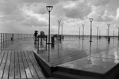 beach, black-and-white, boardwalk, boat, clouds, dawn, dock