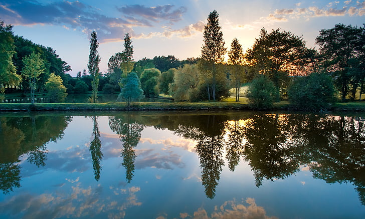 Západ slunce, barevné, reflexe, malebný, jezero, Příroda, večer