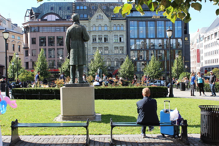 Park, sitter, Bank, skulptur, trädgård, Oslo, Norge